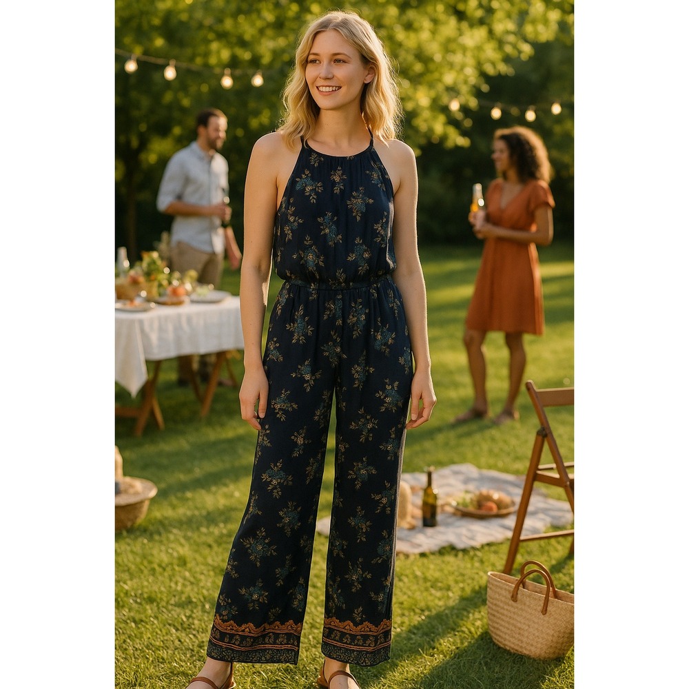 Boho Festival Summer Beachy Vacation Y2K‎ Navy Floral Wide Leg Halter S Jumpsuit